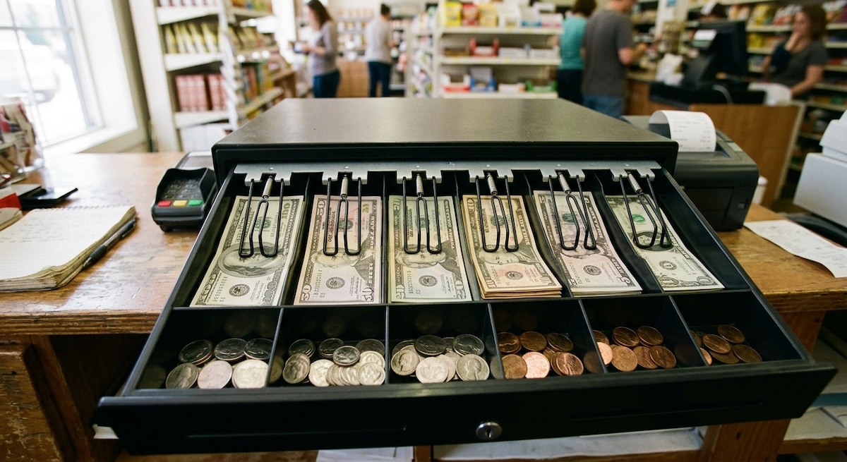 Cash drawer being balanced at end of shift