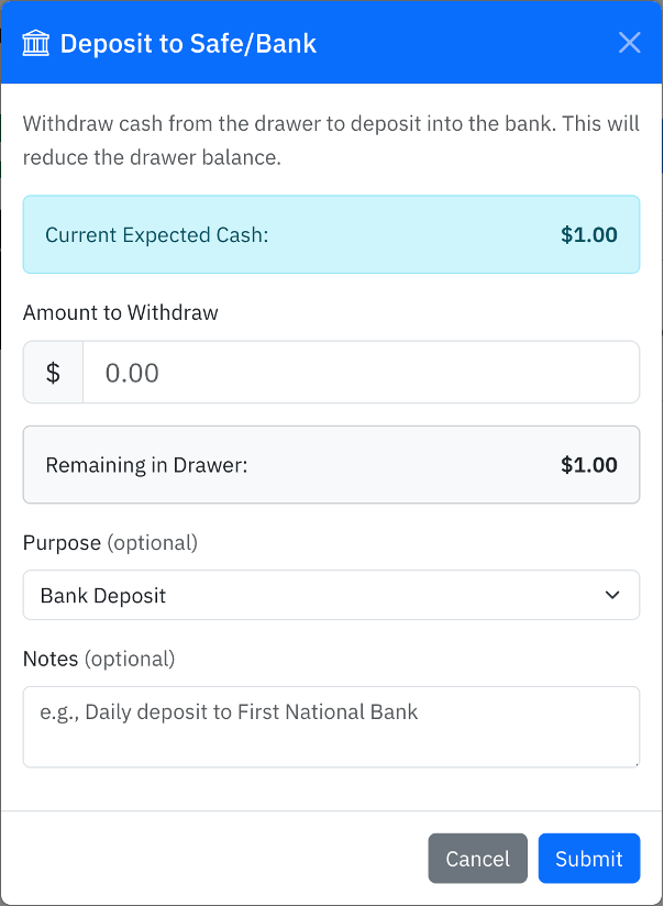 Deposit to Safe/Bank dialog
