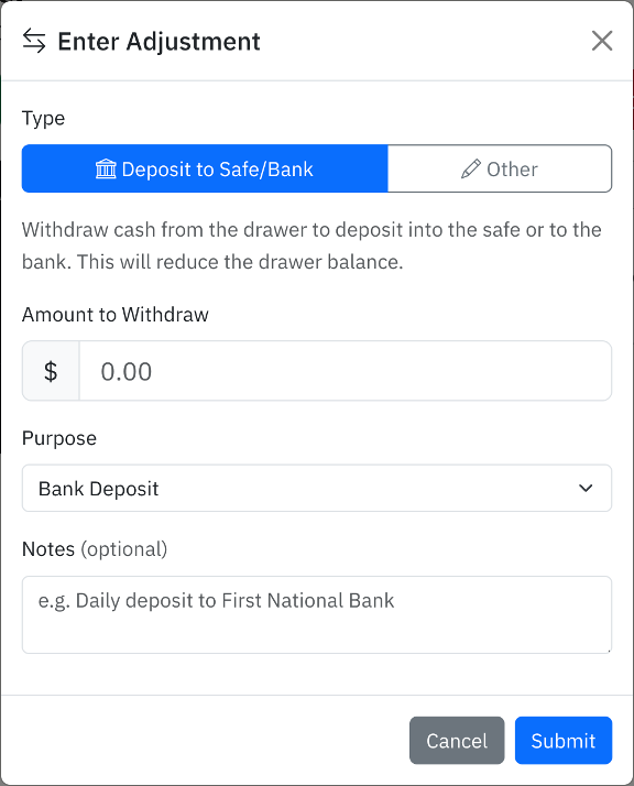 Enter Adjustment dialog