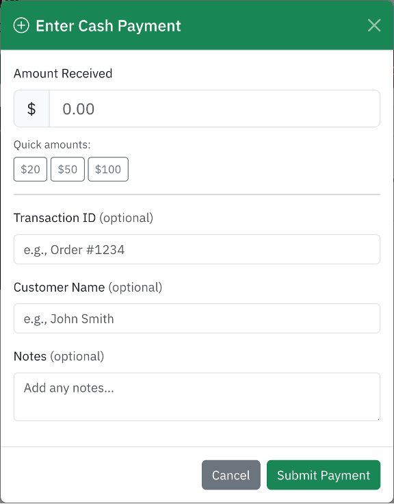 Enter Cash Payment dialog