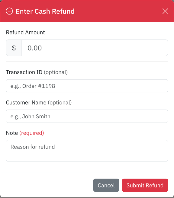 Enter Cash Refund dialog