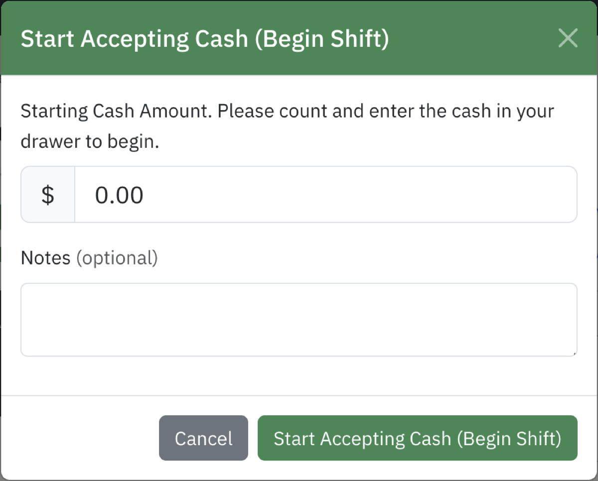 Start Accepting Cash dialog